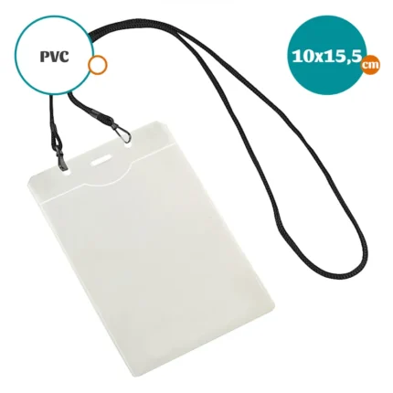 Porta Credencial pvc transparente con Colgador Negro formato vertical