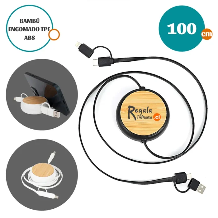 CABLE CONNECT MULTICARGADOR RETRÁCTIL 4 EN 1 DE ABS BAMBÚ ECOLÓGICO DE 100CM PARA CELULARES MÓVILES ANDROID IPHONE